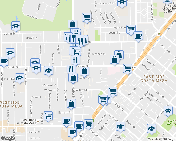 map of restaurants, bars, coffee shops, grocery stores, and more near 2146 College Avenue in Costa Mesa
