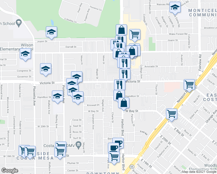 map of restaurants, bars, coffee shops, grocery stores, and more near 543 Victoria Street in Costa Mesa