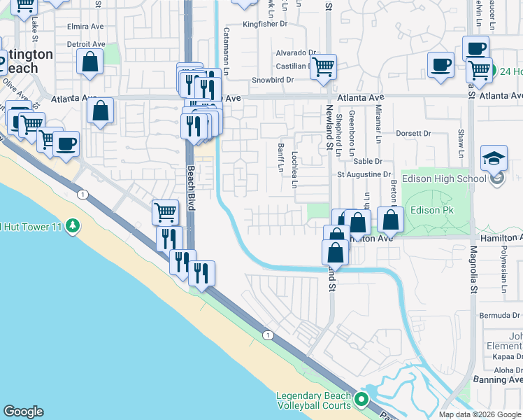 map of restaurants, bars, coffee shops, grocery stores, and more near 8366 Terranova Circle in Huntington Beach