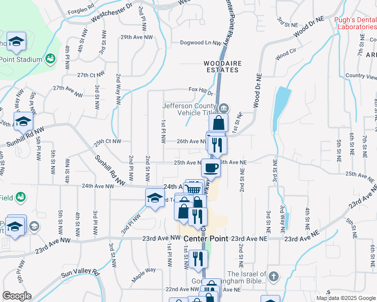 map of restaurants, bars, coffee shops, grocery stores, and more near 105 26th Avenue Northwest in Center Point