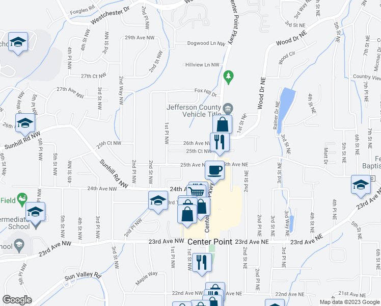 map of restaurants, bars, coffee shops, grocery stores, and more near 105 26th Avenue Northwest in Center Point