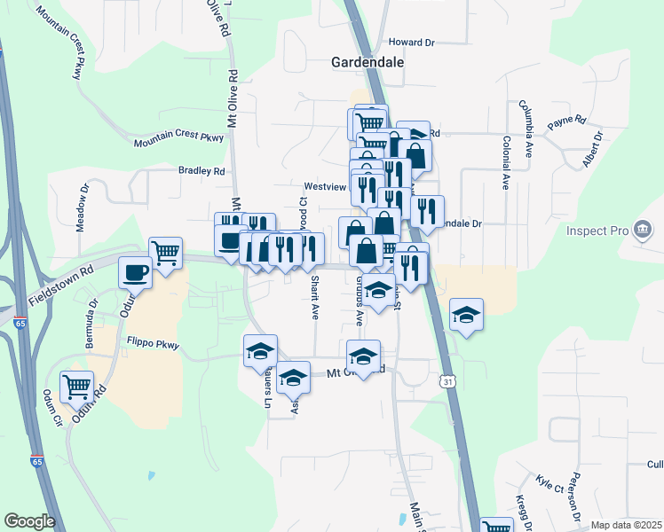 map of restaurants, bars, coffee shops, grocery stores, and more near 308 Fieldstown Road in Gardendale