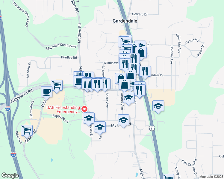 map of restaurants, bars, coffee shops, grocery stores, and more near 308 Fieldstown Road in Gardendale