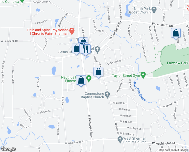 map of restaurants, bars, coffee shops, grocery stores, and more near 1904 Monte Cristo Way in Sherman