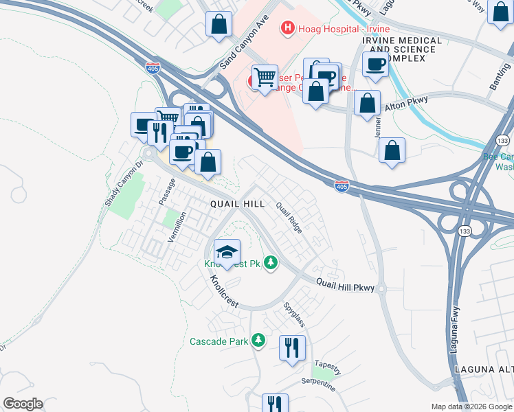 map of restaurants, bars, coffee shops, grocery stores, and more near 44 Duet in Irvine
