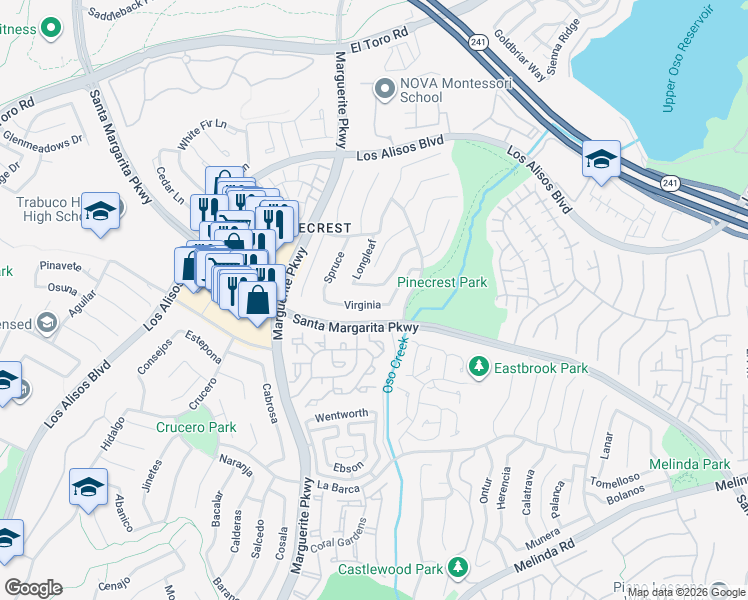 map of restaurants, bars, coffee shops, grocery stores, and more near 28091 Virginia in Mission Viejo