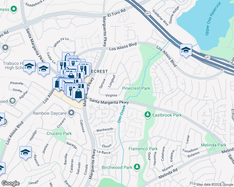 map of restaurants, bars, coffee shops, grocery stores, and more near 28111 Virginia in Mission Viejo