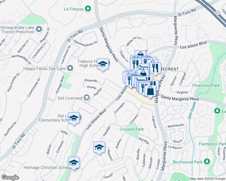 map of restaurants, bars, coffee shops, grocery stores, and more near 27546 Genil in Mission Viejo