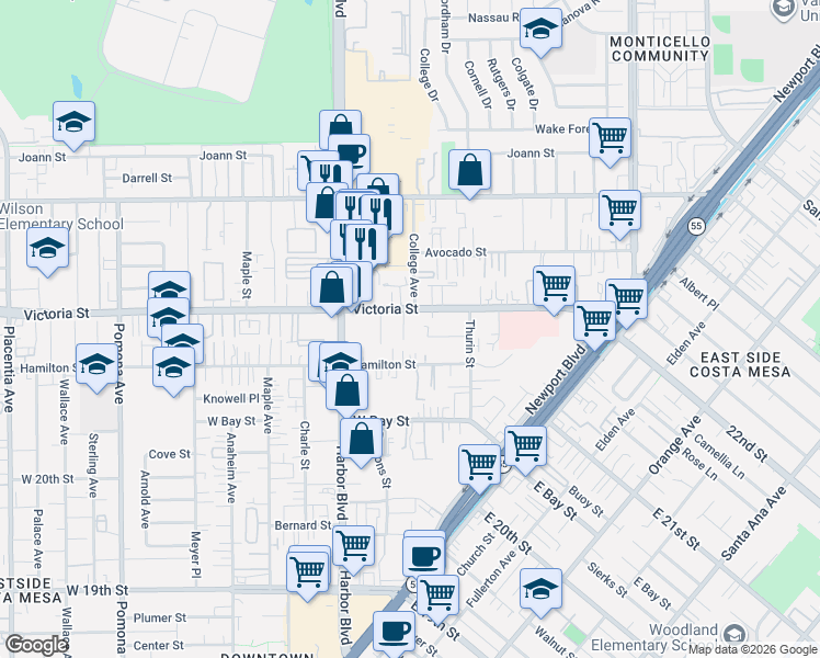 map of restaurants, bars, coffee shops, grocery stores, and more near 2146 College Avenue in Costa Mesa