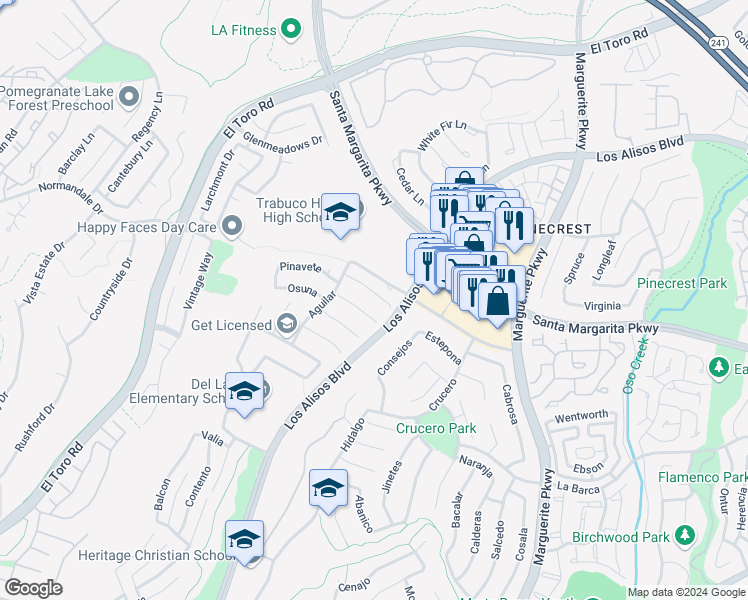 map of restaurants, bars, coffee shops, grocery stores, and more near 27546 Genil in Mission Viejo