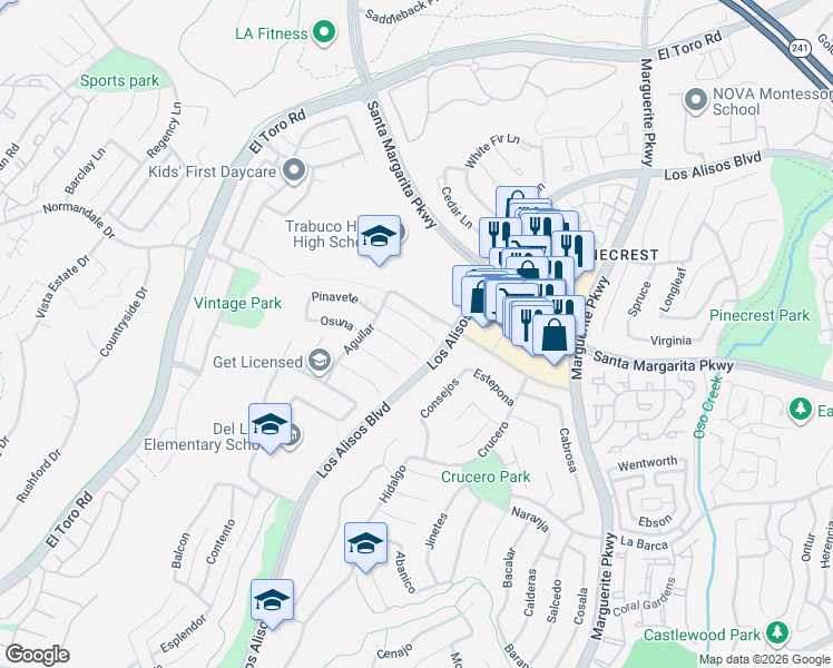 map of restaurants, bars, coffee shops, grocery stores, and more near 27521 Genil in Mission Viejo