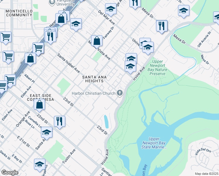 map of restaurants, bars, coffee shops, grocery stores, and more near 2422 Miseno Way in Costa Mesa