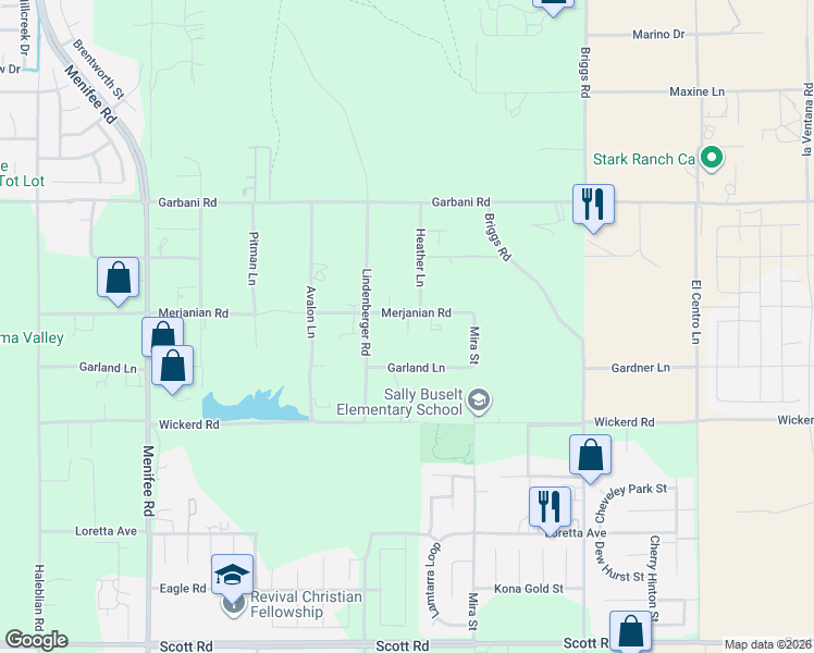 map of restaurants, bars, coffee shops, grocery stores, and more near 29590 Merjanian Road in Menifee