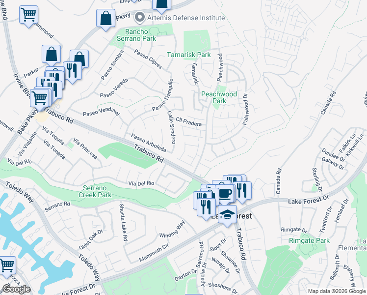 map of restaurants, bars, coffee shops, grocery stores, and more near 21434 Cypresswood in Lake Forest