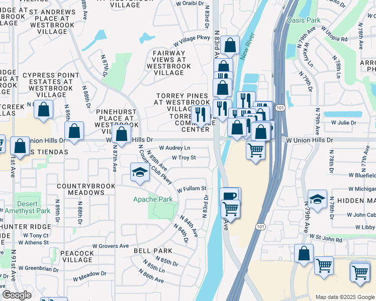 map of restaurants, bars, coffee shops, grocery stores, and more near 8367 West Audrey Lane in Peoria