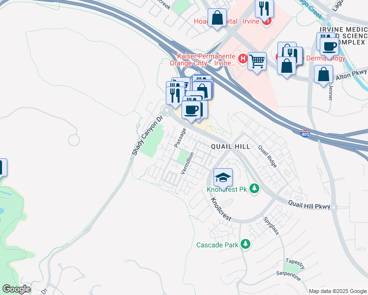 map of restaurants, bars, coffee shops, grocery stores, and more near 47 Nightshade in Irvine