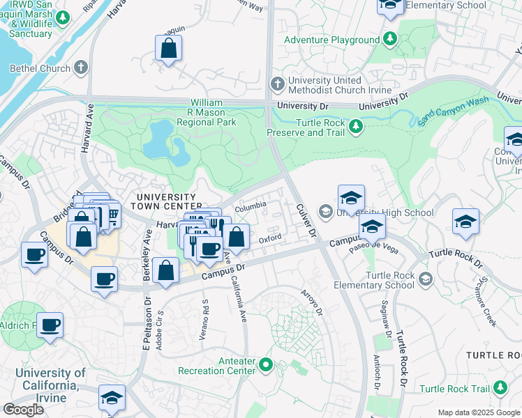 map of restaurants, bars, coffee shops, grocery stores, and more near 6 Columbia in Irvine
