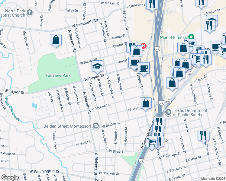 map of restaurants, bars, coffee shops, grocery stores, and more near 312 West Fairview Street in Sherman