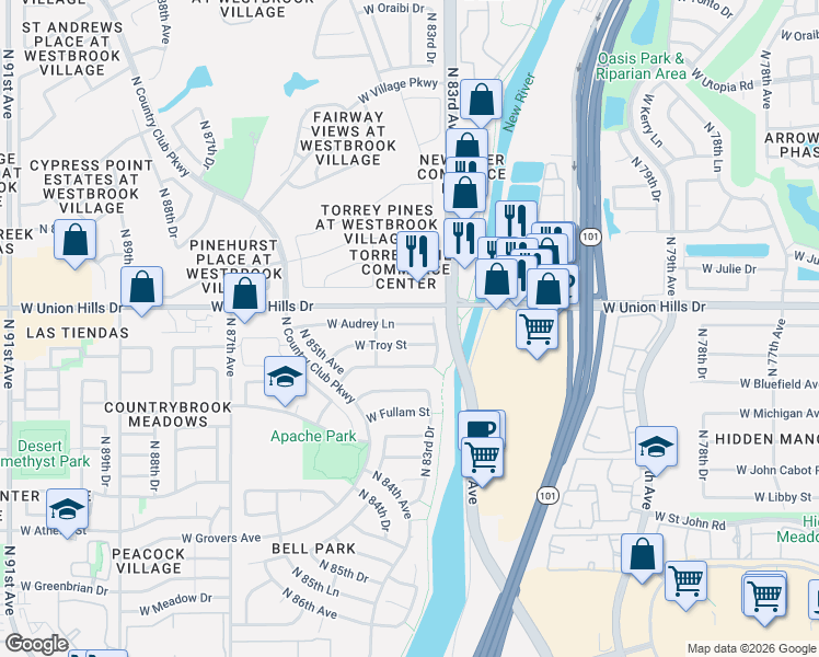 map of restaurants, bars, coffee shops, grocery stores, and more near 8347 West Audrey Lane in Peoria
