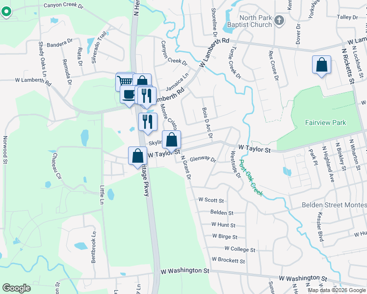 map of restaurants, bars, coffee shops, grocery stores, and more near 1900 Monte Cristo Drive in Sherman