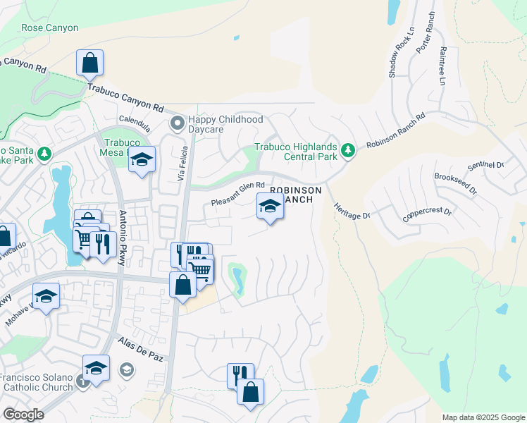 map of restaurants, bars, coffee shops, grocery stores, and more near 21400 Lindsay Drive in Trabuco Canyon