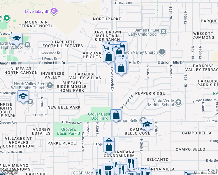 map of restaurants, bars, coffee shops, grocery stores, and more near North 23rd Street in Phoenix