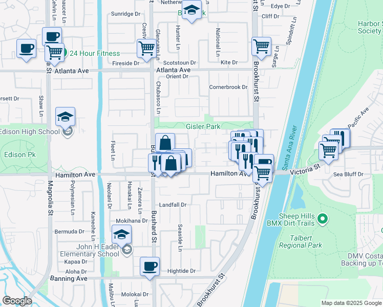 map of restaurants, bars, coffee shops, grocery stores, and more near 21382 Lemontree Lane in Huntington Beach