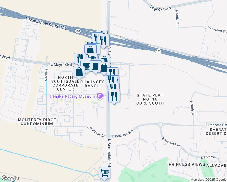 map of restaurants, bars, coffee shops, grocery stores, and more near 18511 North Scottsdale Road in Scottsdale