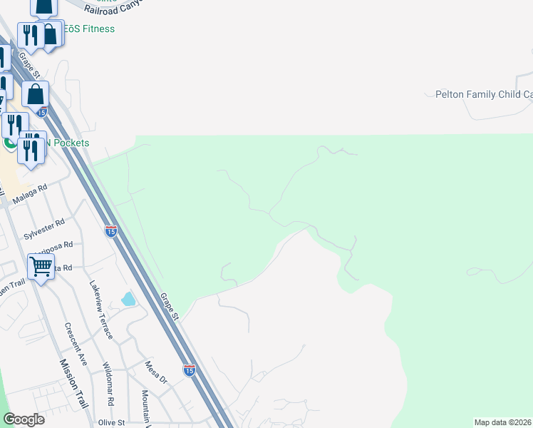 map of restaurants, bars, coffee shops, grocery stores, and more near 32397 Elsinore Heights Drive in Wildomar