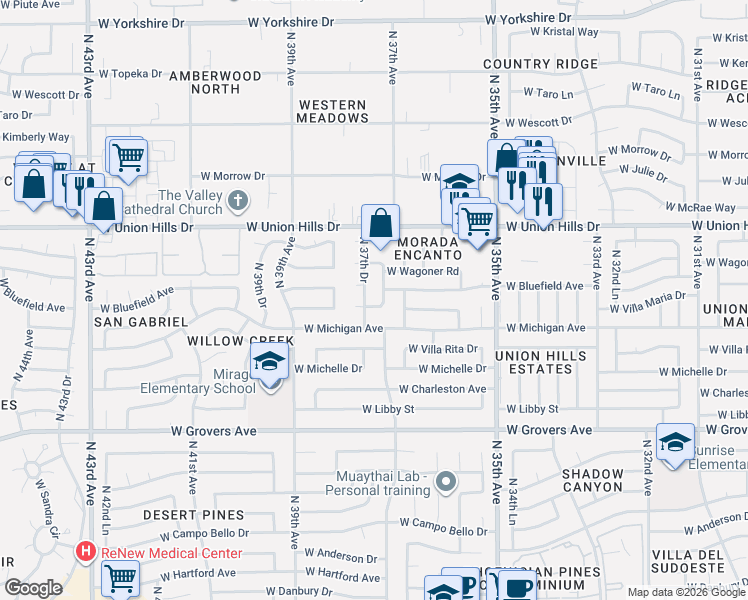 map of restaurants, bars, coffee shops, grocery stores, and more near 18243 North 37th Drive in Glendale