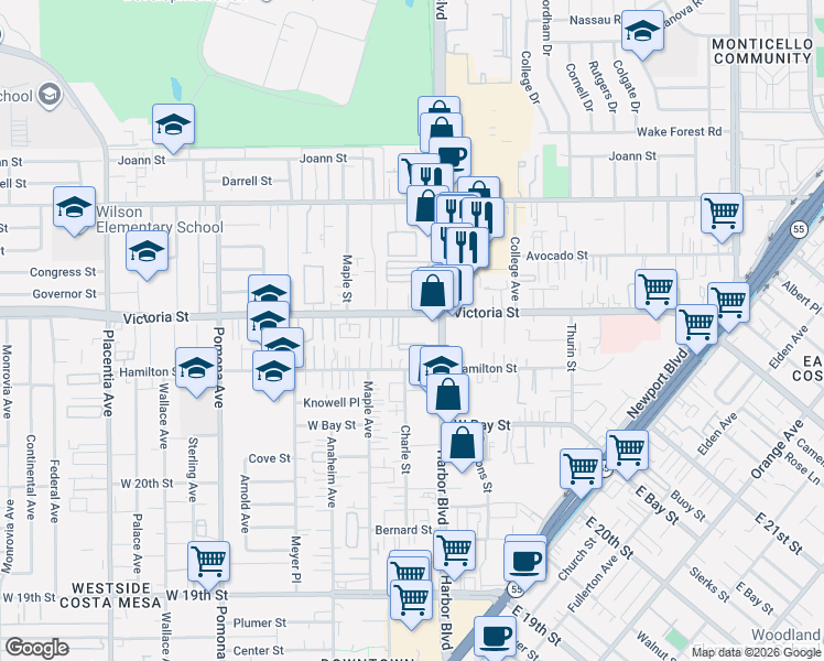 map of restaurants, bars, coffee shops, grocery stores, and more near 525 Victoria Street in Costa Mesa