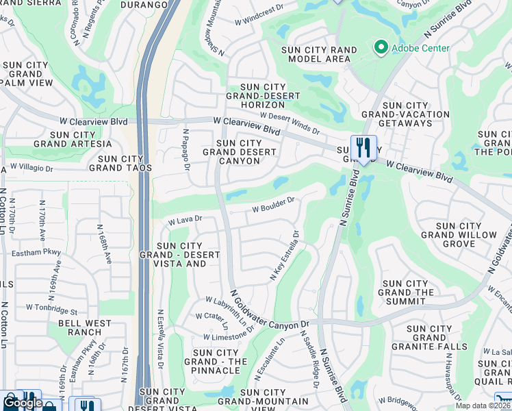 map of restaurants, bars, coffee shops, grocery stores, and more near 16290 West Boulder Drive in Surprise