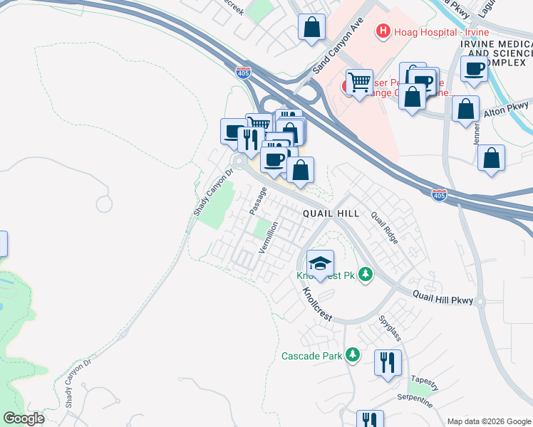 map of restaurants, bars, coffee shops, grocery stores, and more near 47 Nightshade in Irvine