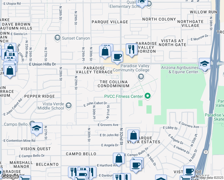 map of restaurants, bars, coffee shops, grocery stores, and more near 18217 North 31st Street in Phoenix