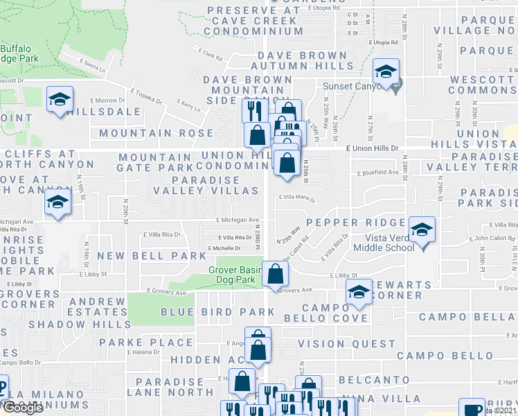 map of restaurants, bars, coffee shops, grocery stores, and more near North 23rd Street in Phoenix