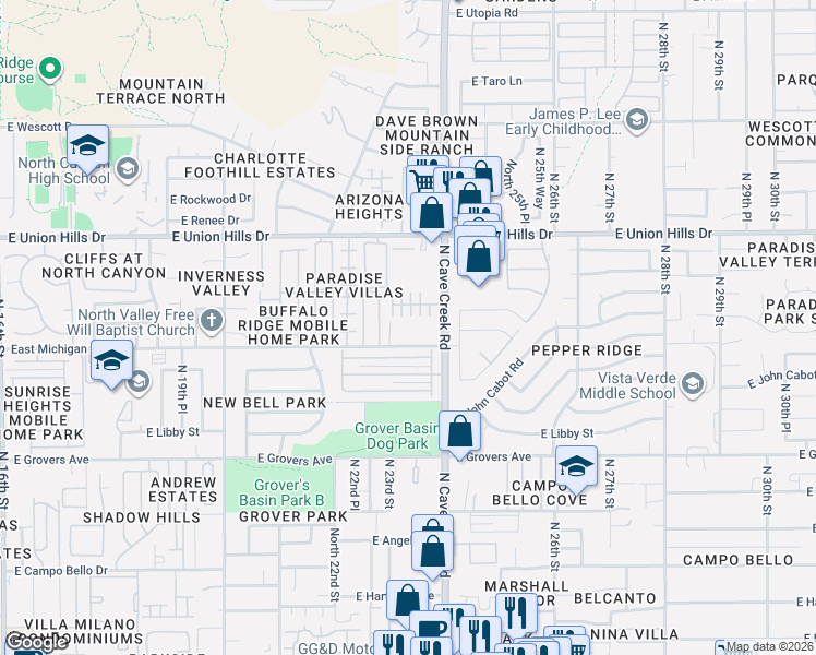 map of restaurants, bars, coffee shops, grocery stores, and more near North 23rd Street in Phoenix
