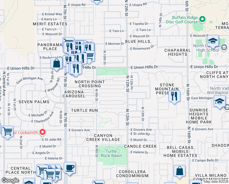 map of restaurants, bars, coffee shops, grocery stores, and more near 1018 East Bluefield Avenue in Phoenix
