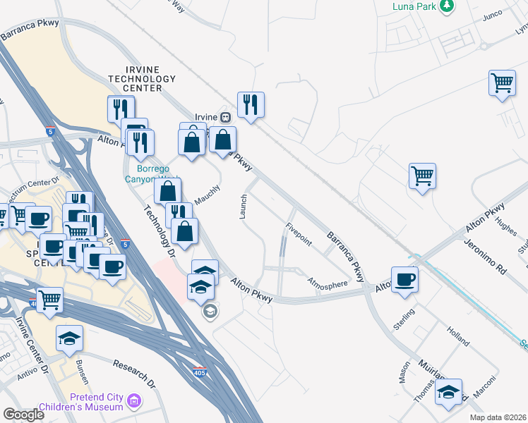 map of restaurants, bars, coffee shops, grocery stores, and more near Launch in Irvine