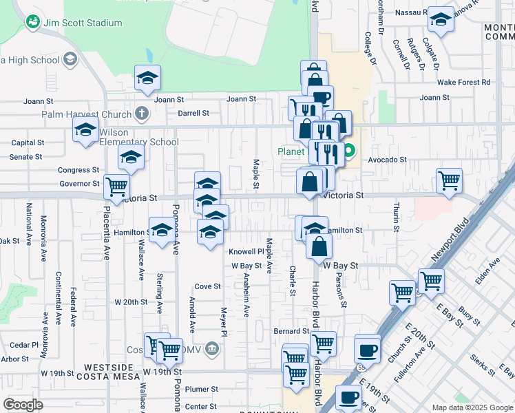 map of restaurants, bars, coffee shops, grocery stores, and more near in Costa Mesa