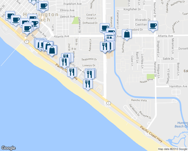 map of restaurants, bars, coffee shops, grocery stores, and more near 21355 Andalucia Lane in Huntington Beach