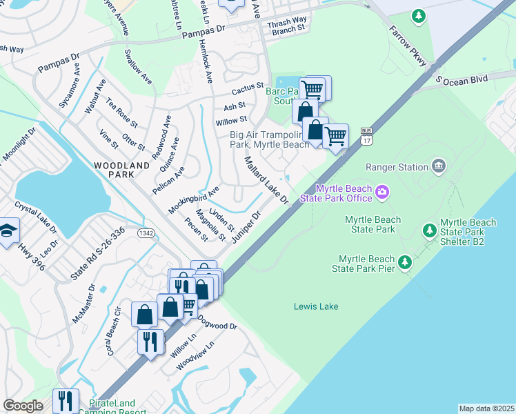 map of restaurants, bars, coffee shops, grocery stores, and more near 565 Juniper Drive in Myrtle Beach