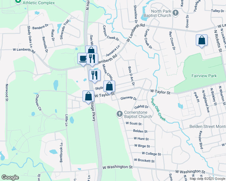map of restaurants, bars, coffee shops, grocery stores, and more near 1900 Monte Cristo Drive in Sherman