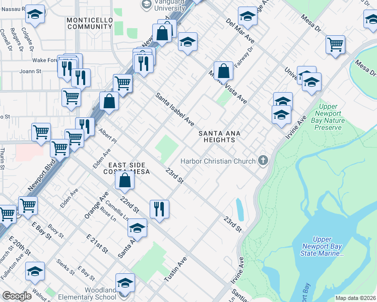 map of restaurants, bars, coffee shops, grocery stores, and more near 275 East Wilson Street in Costa Mesa
