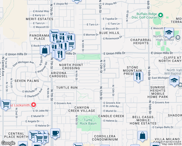 map of restaurants, bars, coffee shops, grocery stores, and more near 1018 East Bluefield Avenue in Phoenix