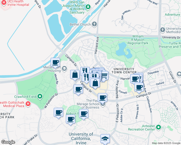 map of restaurants, bars, coffee shops, grocery stores, and more near Bridge Rd & Stanford in Irvine