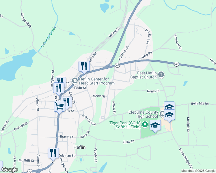 map of restaurants, bars, coffee shops, grocery stores, and more near 141 Bennett Street in Heflin