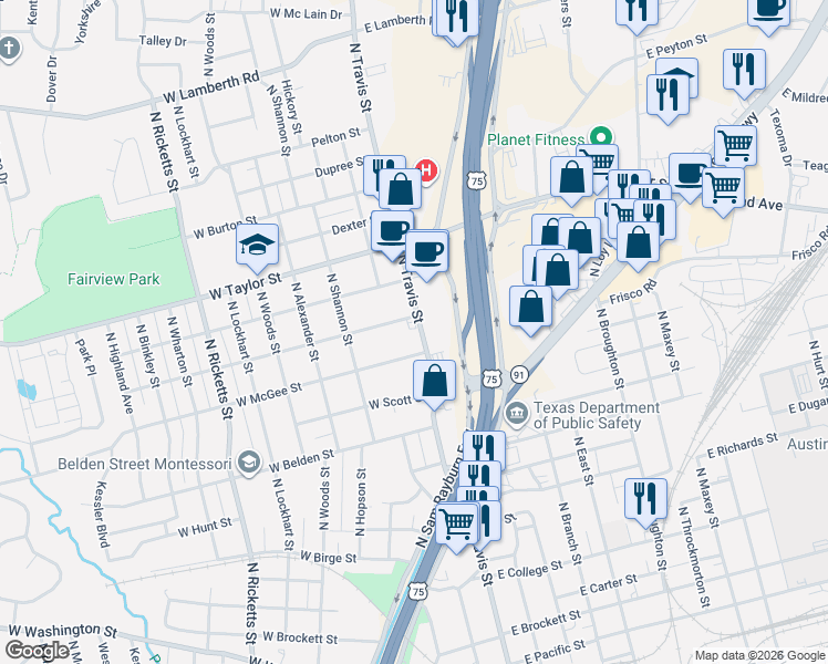 map of restaurants, bars, coffee shops, grocery stores, and more near 107 West Texas Street in Sherman
