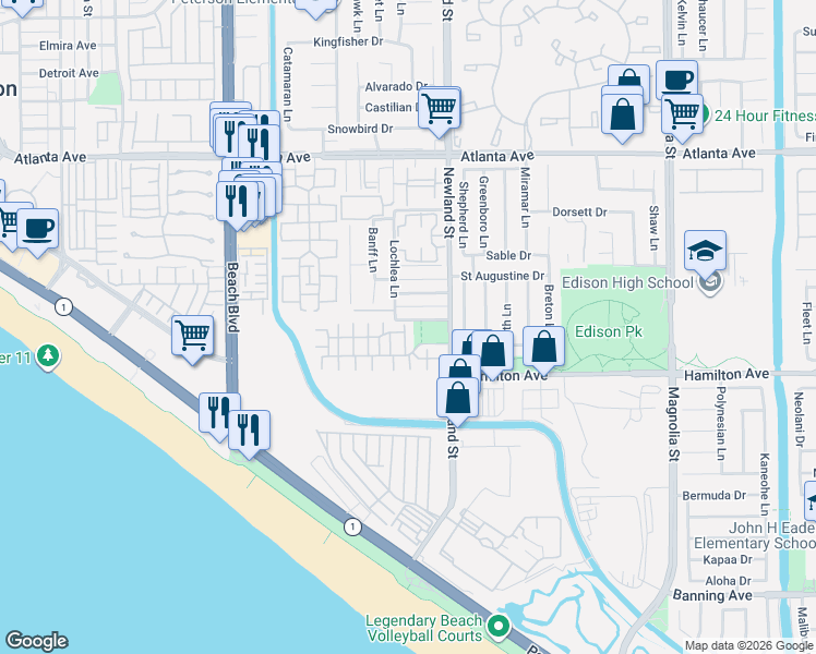 map of restaurants, bars, coffee shops, grocery stores, and more near 21388 Avery Lane in Huntington Beach