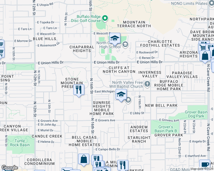 map of restaurants, bars, coffee shops, grocery stores, and more near 1659 East Bluefield Circle in Phoenix