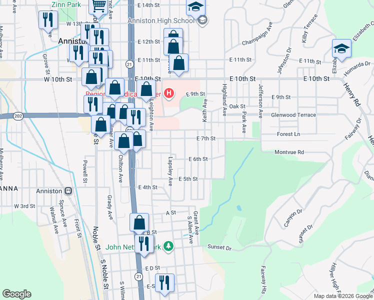 map of restaurants, bars, coffee shops, grocery stores, and more near 614 Goodwin Avenue in Anniston